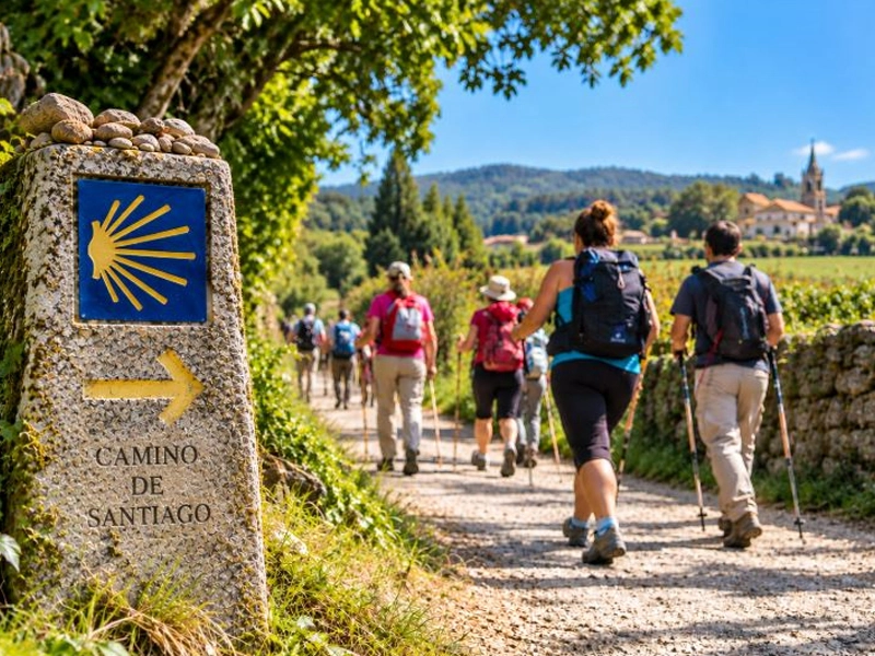 Camino de Santiago entre los árboles en Galicia